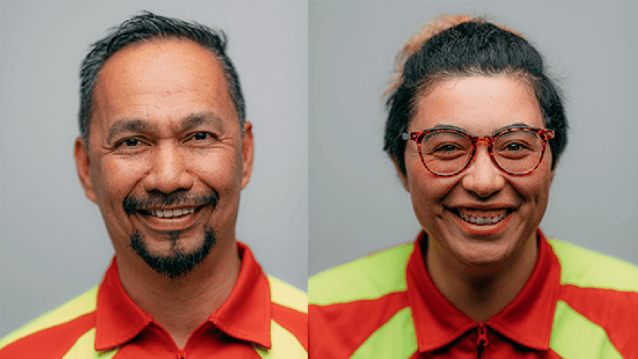 Side by side headshots of male and female couriers